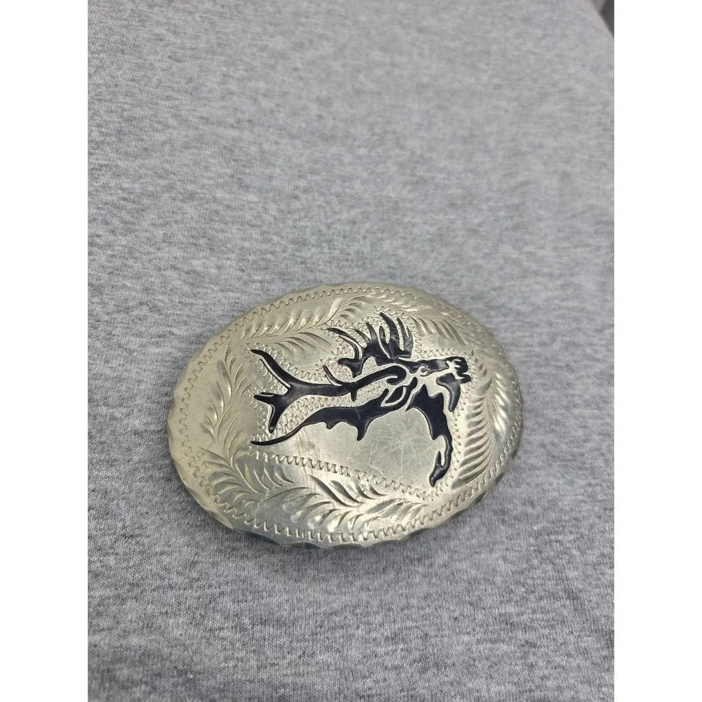 Vintage Handmade Wil-Aren Deer Caribou Onyx Black Inlay Belt Buckle Hunting